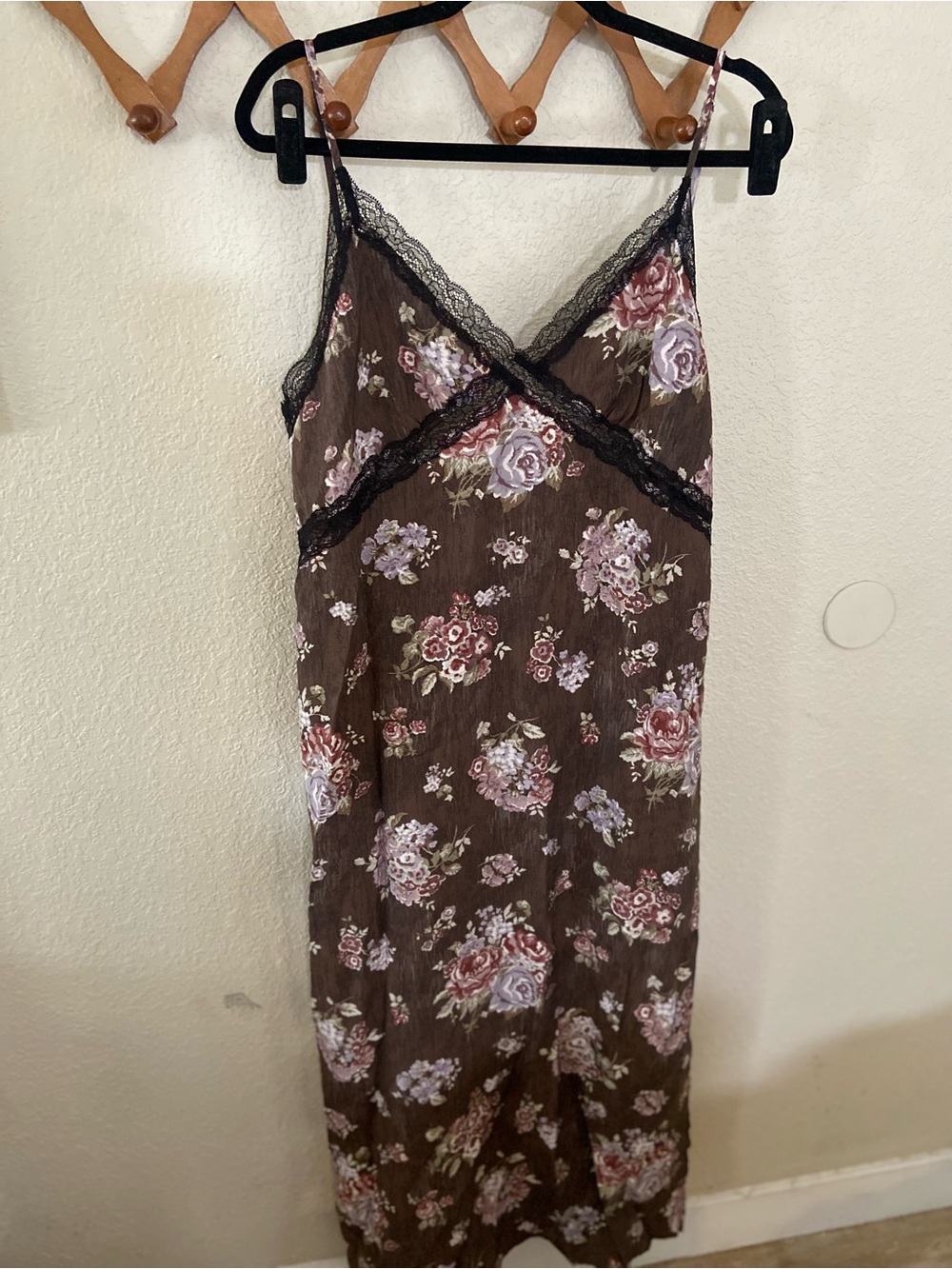 Floral Brown Lace-Trim Maxi Slip Dress
